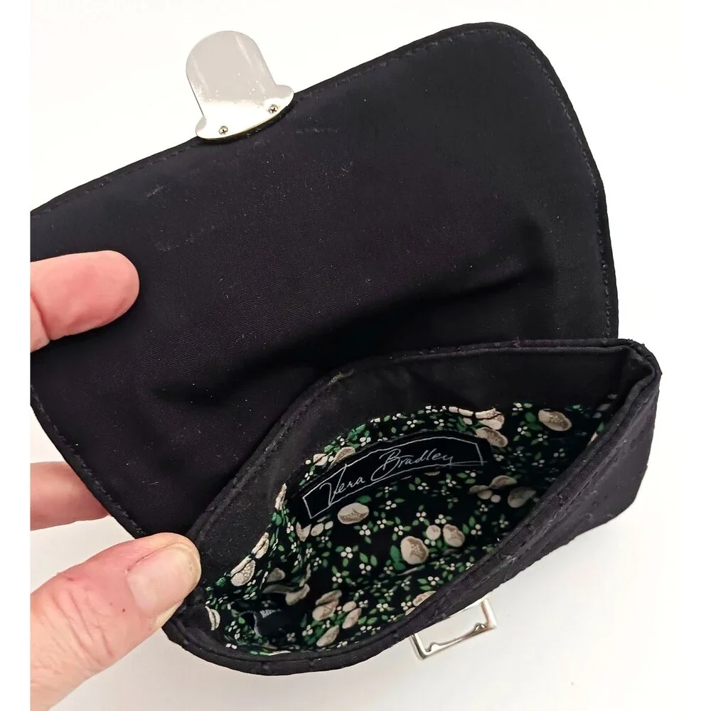 Vera Bradley Blk Quilt Microfiber ID Wallet w Keyring Silver Pushlock 6X4
